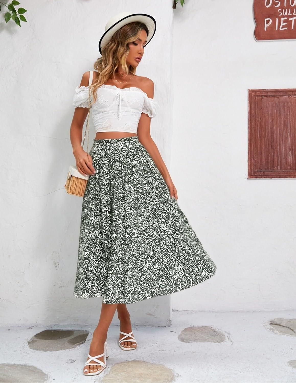 imageZeagoo Womens Midi Skirts High Waisted Pleated ALine Swing Skirts Summer Floral Long Skirts with Pockets01green Floral