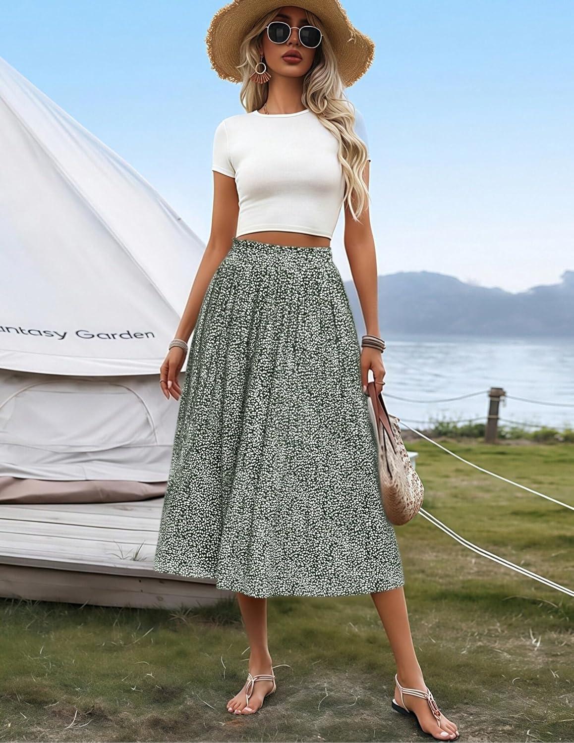 imageZeagoo Womens Midi Skirts High Waisted Pleated ALine Swing Skirts Summer Floral Long Skirts with Pockets01green Floral