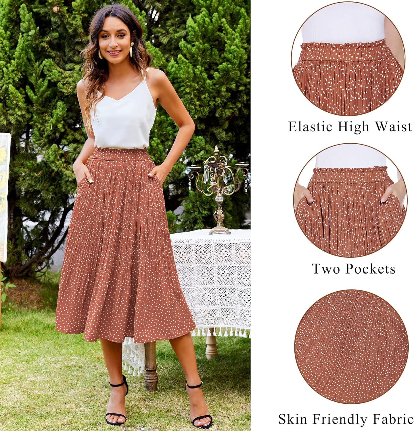imageZeagoo Womens Midi Skirts High Waisted Pleated ALine Swing Skirts Summer Floral Long Skirts with Pockets02coffee