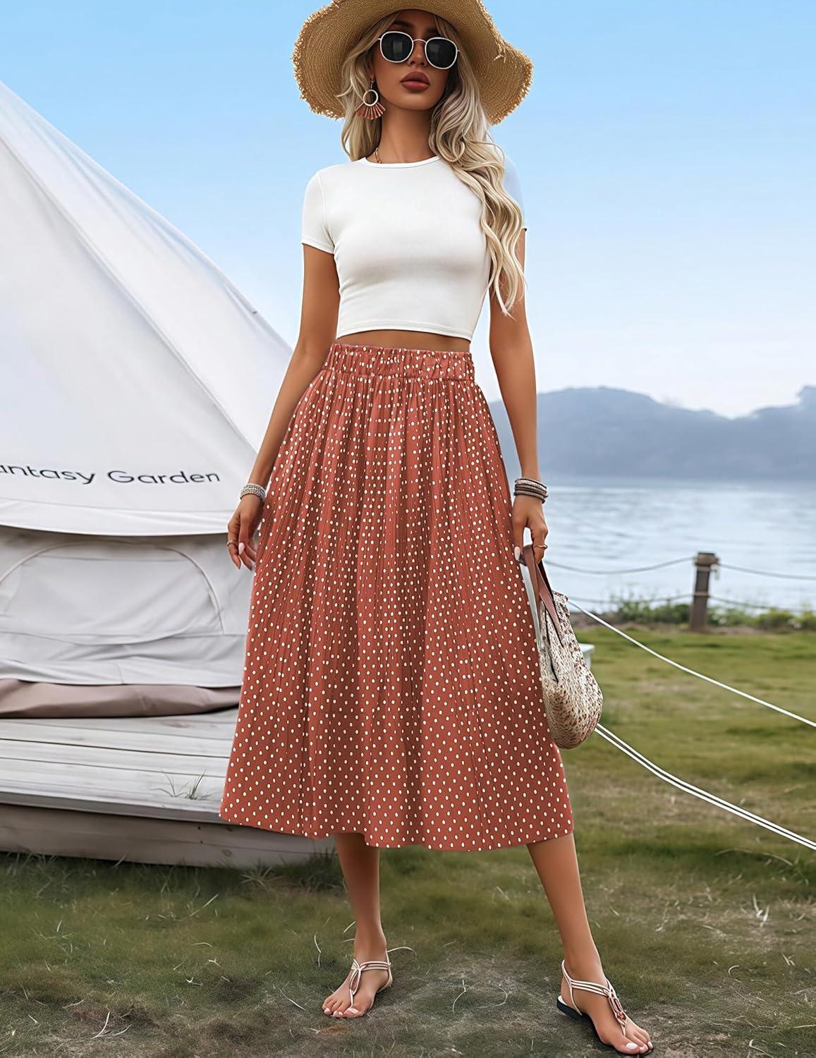 imageZeagoo Womens Midi Skirts High Waisted Pleated ALine Swing Skirts Summer Floral Long Skirts with Pockets02coffee