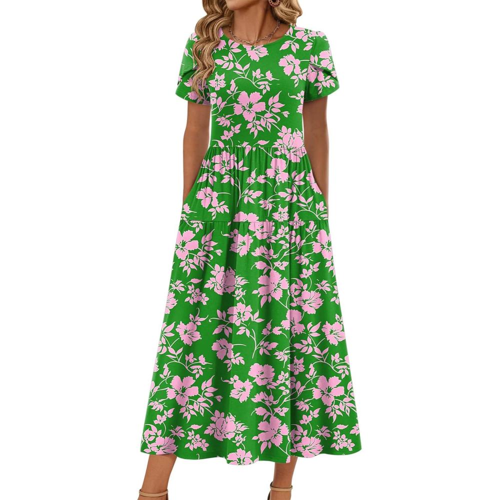 imageZeagoo Summer Dresses for Women 2026 Maxi Bohemian Floral Short Sleeve Long Dress Casual Flowy Tired Beach Sundress01adh594