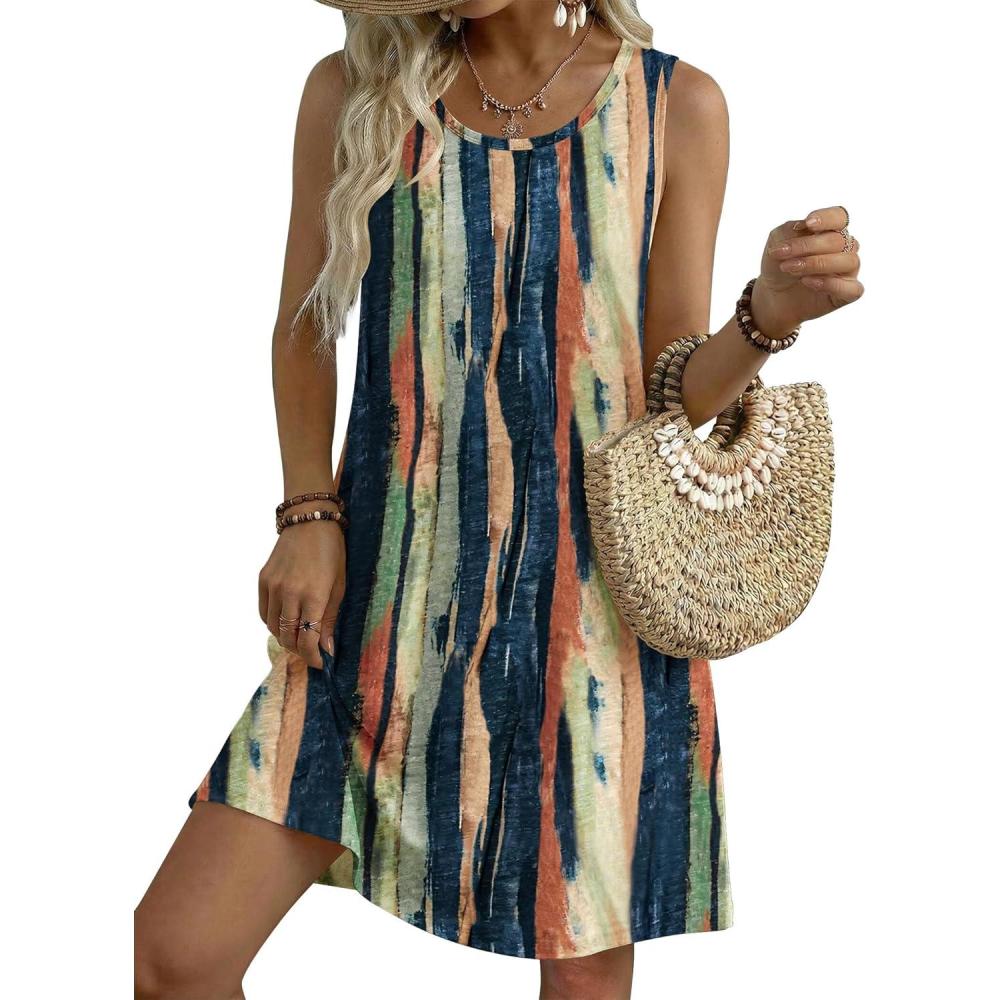 imageZeagoo Summer Dresses for Women 2026 Sleeveless Casual Floral Tshirt Sundress with Pockets Loose Tank Beach DressStripe Print