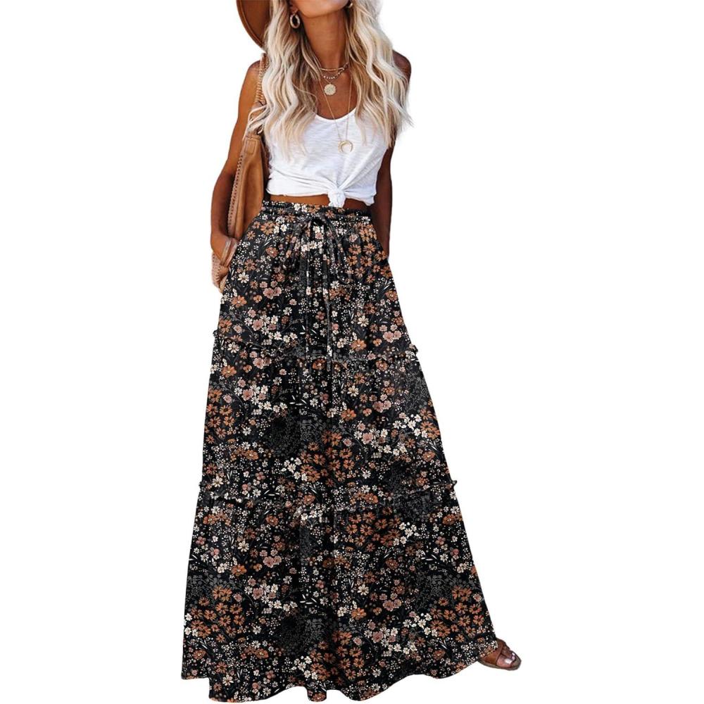 imageZeagoo Womens Casual Maxi Skirts for Women 2026 High Waist Boho Skirts Floral Printed Long Flowy Skirt with PocketsBlack Floralprinted