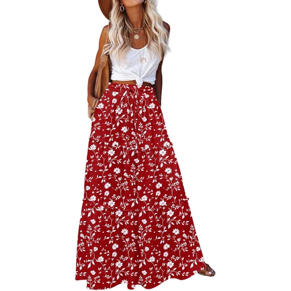 imageZeagoo Womens Casual Maxi Skirts for Women 2026 High Waist Boho Skirts Floral Printed Long Flowy Skirt with PocketsRed Floralprinted