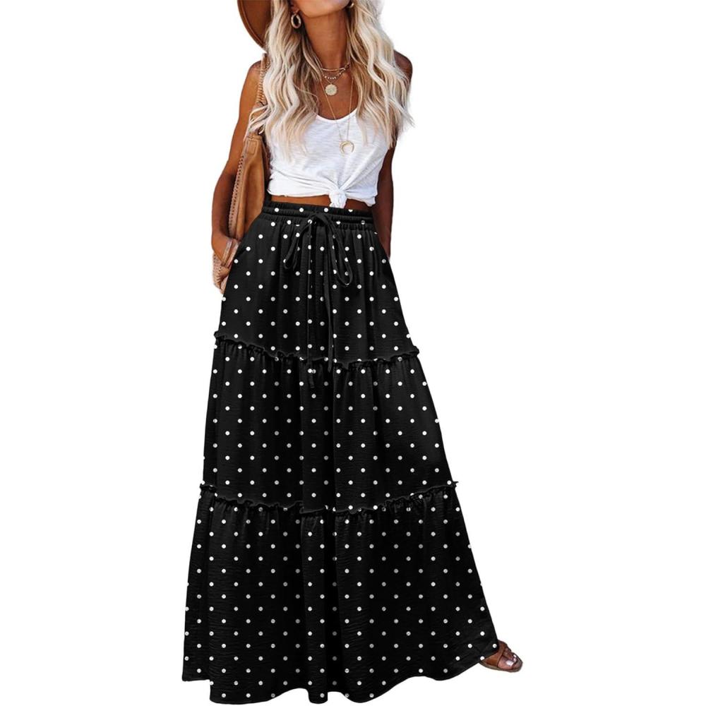 imageZeagoo Womens Casual Maxi Skirts for Women 2026 High Waist Boho Skirts Floral Printed Long Flowy Skirt with PocketsWhite Dot