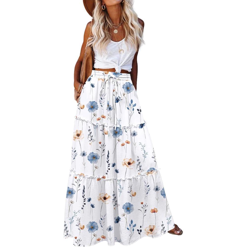 imageZeagoo Womens Casual Maxi Skirts for Women 2026 High Waist Boho Skirts Floral Printed Long Flowy Skirt with PocketsWhite Floralprinted