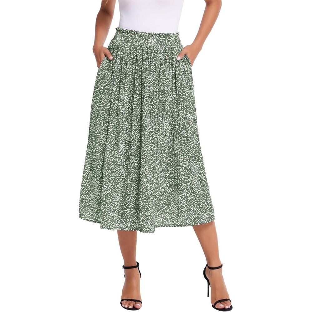 imageZeagoo Womens Midi Skirts High Waisted Pleated ALine Swing Skirts Summer Floral Long Skirts with Pockets01green Floral