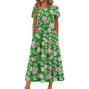 Zeagoo Summer Dresses for Women 2026 Maxi Bohemian Floral Short Sleeve Long Dress Casual Flowy Tired Beach Sundress(01a-dh594)