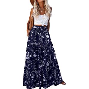 Zeagoo Womens Casual Maxi Skirts for Women 2026 High Waist Boho Skirts Floral Printed Long Flowy Skirt with Pockets(Navy Blue Floral)