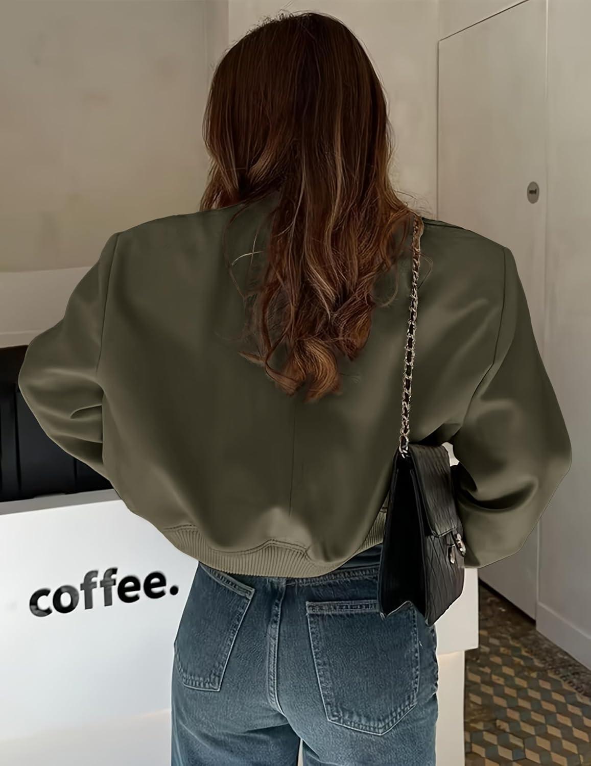 imageZeagoo Women Bomber Jacket Casual Button Down Varsity Jackets Shackets With Pockets OutwearArmy Green