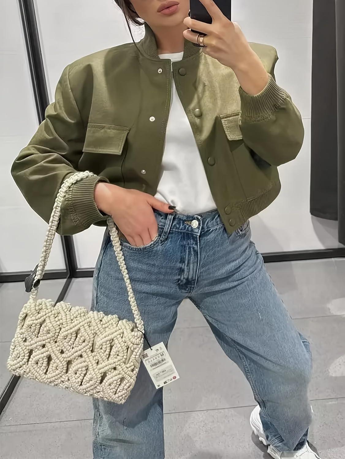 imageZeagoo Women Bomber Jacket Casual Button Down Varsity Jackets Shackets With Pockets OutwearArmy Green