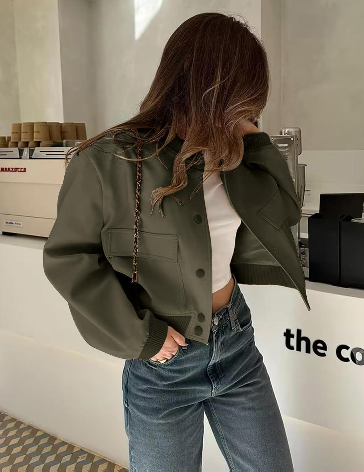 imageZeagoo Women Bomber Jacket Casual Button Down Varsity Jackets Shackets With Pockets OutwearArmy Green