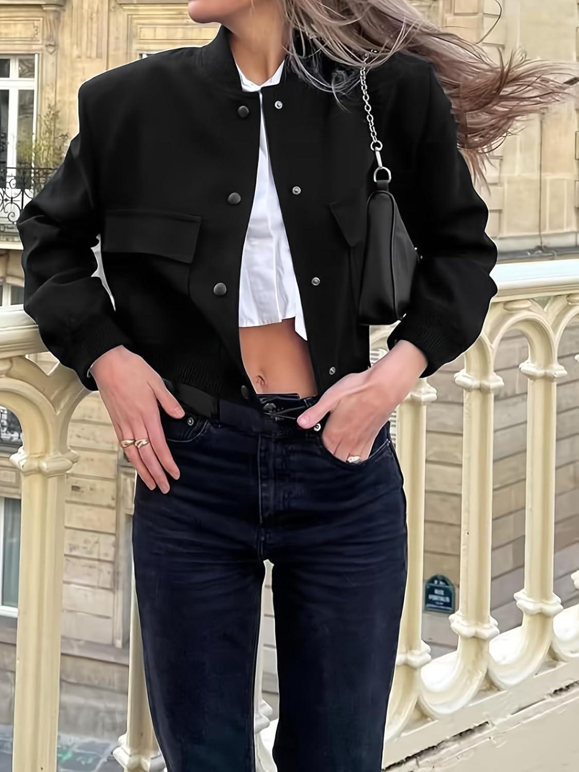 imageZeagoo Women Bomber Jacket Casual Button Down Varsity Jackets Shackets With Pockets OutwearBlack