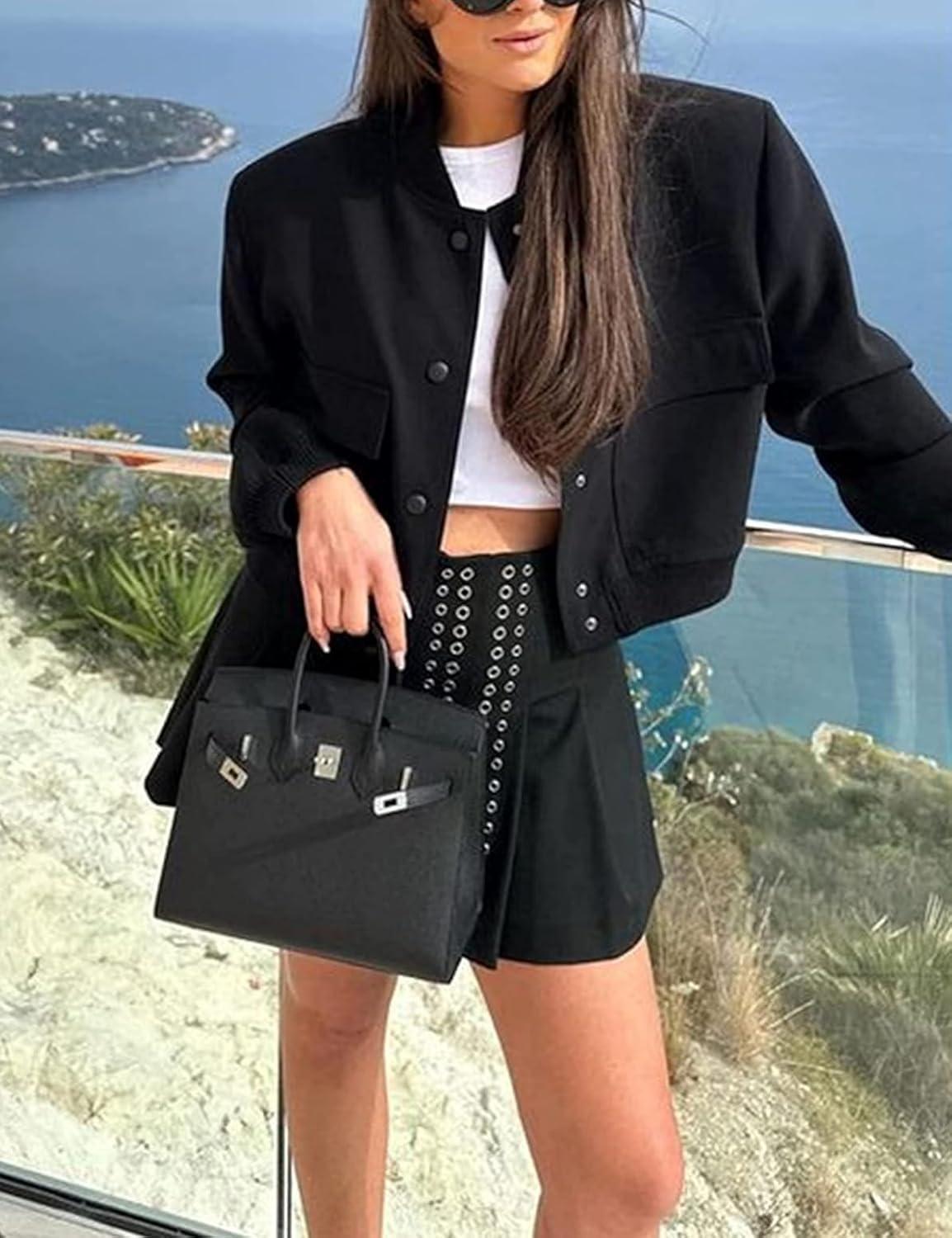 imageZeagoo Women Bomber Jacket Casual Button Down Varsity Jackets Shackets With Pockets OutwearBlack