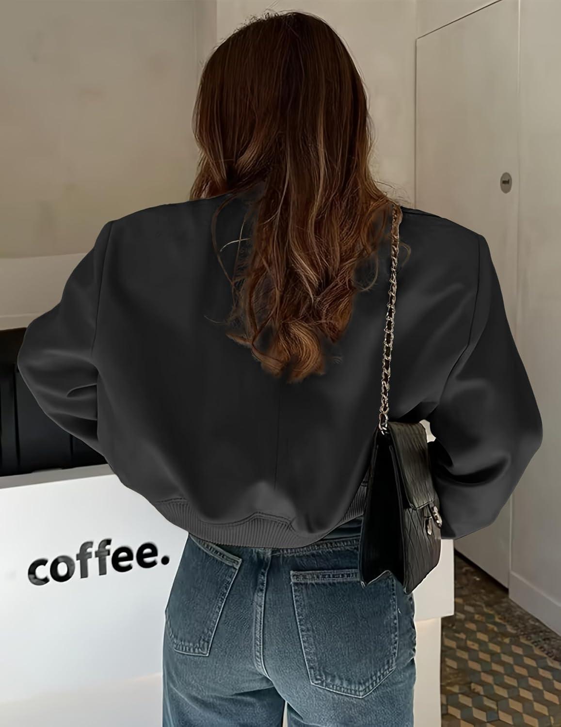 imageZeagoo Women Bomber Jacket Casual Button Down Varsity Jackets Shackets With Pockets OutwearBlack