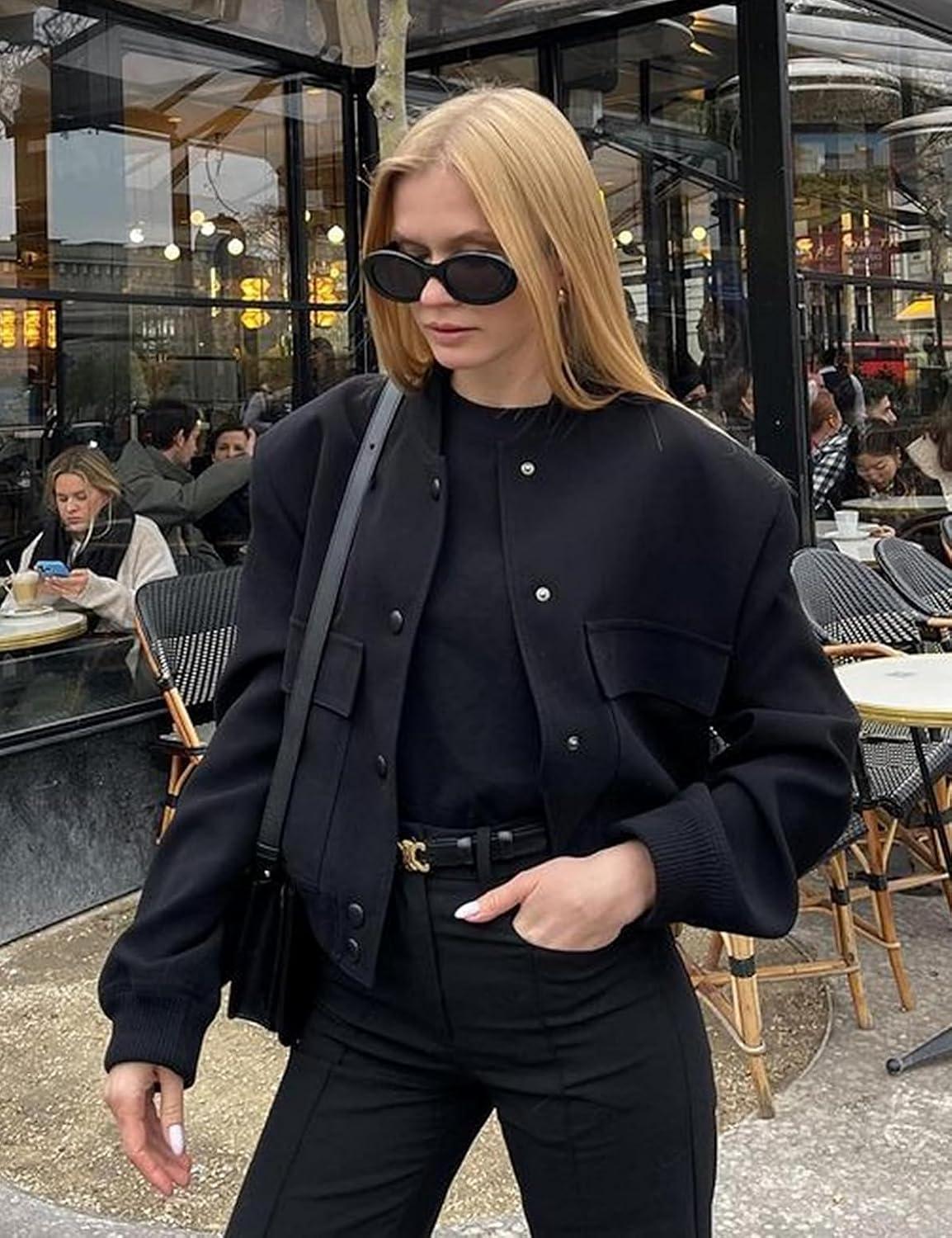 imageZeagoo Women Bomber Jacket Casual Button Down Varsity Jackets Shackets With Pockets OutwearBlack