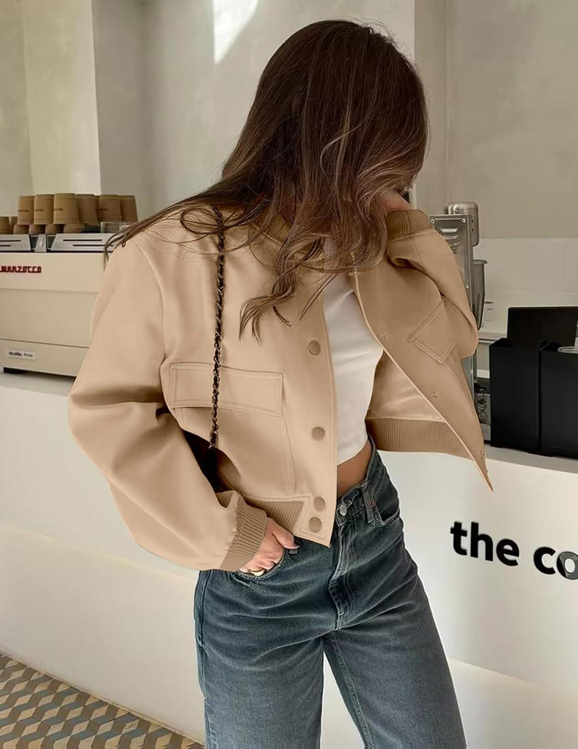 imageZeagoo Women Bomber Jacket Casual Button Down Varsity Jackets Shackets With Pockets OutwearKhaki