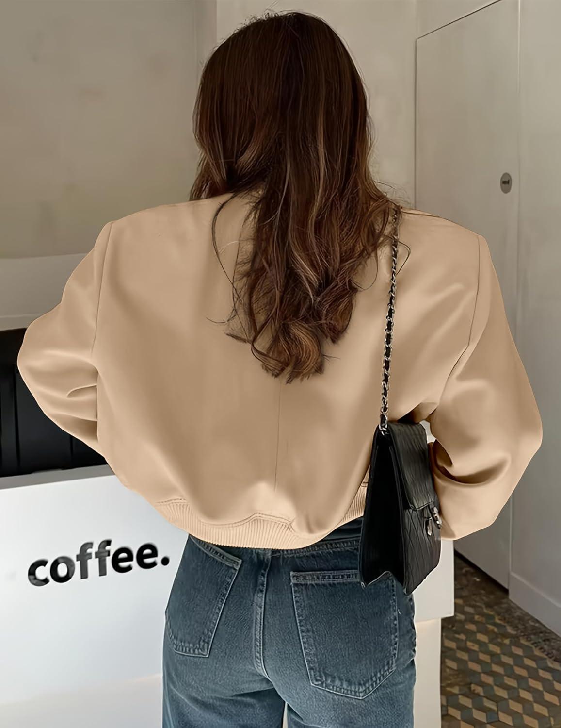 imageZeagoo Women Bomber Jacket Casual Button Down Varsity Jackets Shackets With Pockets OutwearKhaki