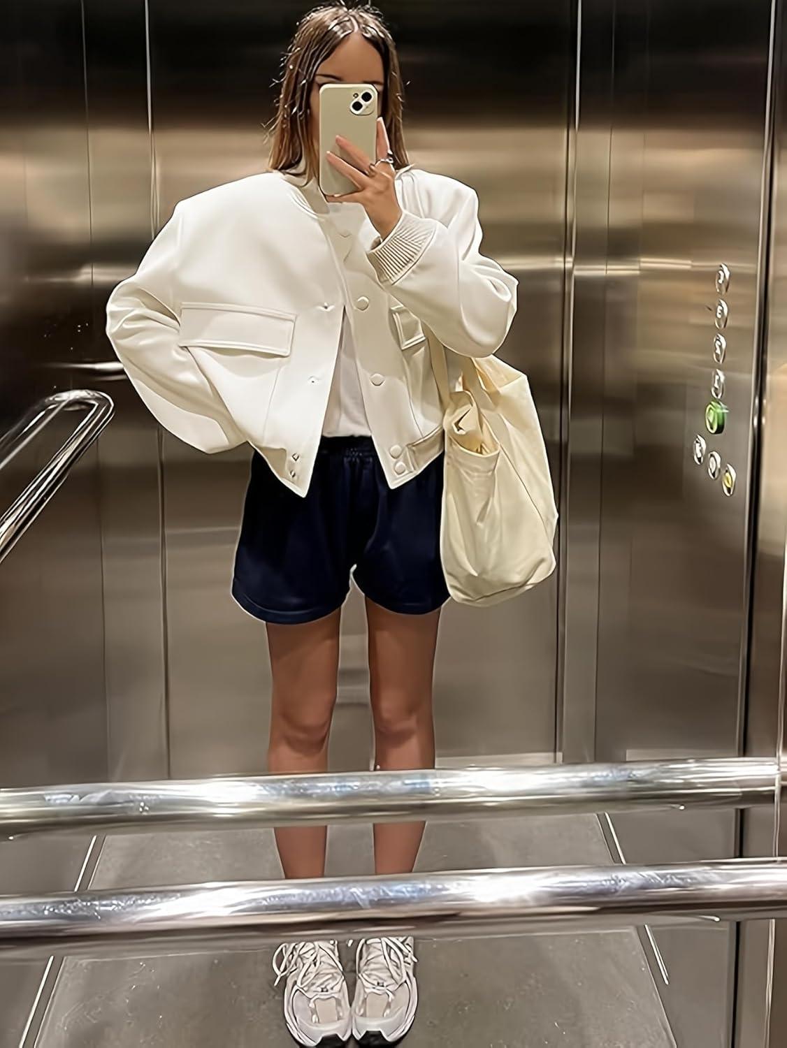 imageZeagoo Women Bomber Jacket Casual Button Down Varsity Jackets Shackets With Pockets OutwearWhite