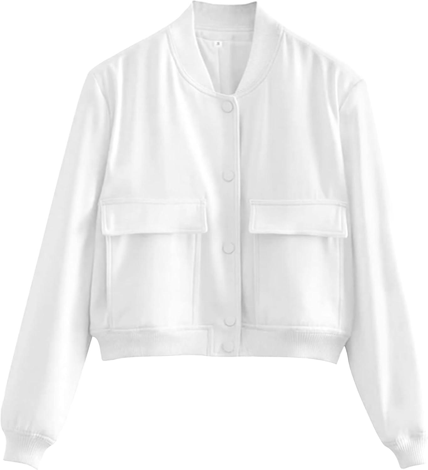 imageZeagoo Women Bomber Jacket Casual Button Down Varsity Jackets Shackets With Pockets OutwearWhite