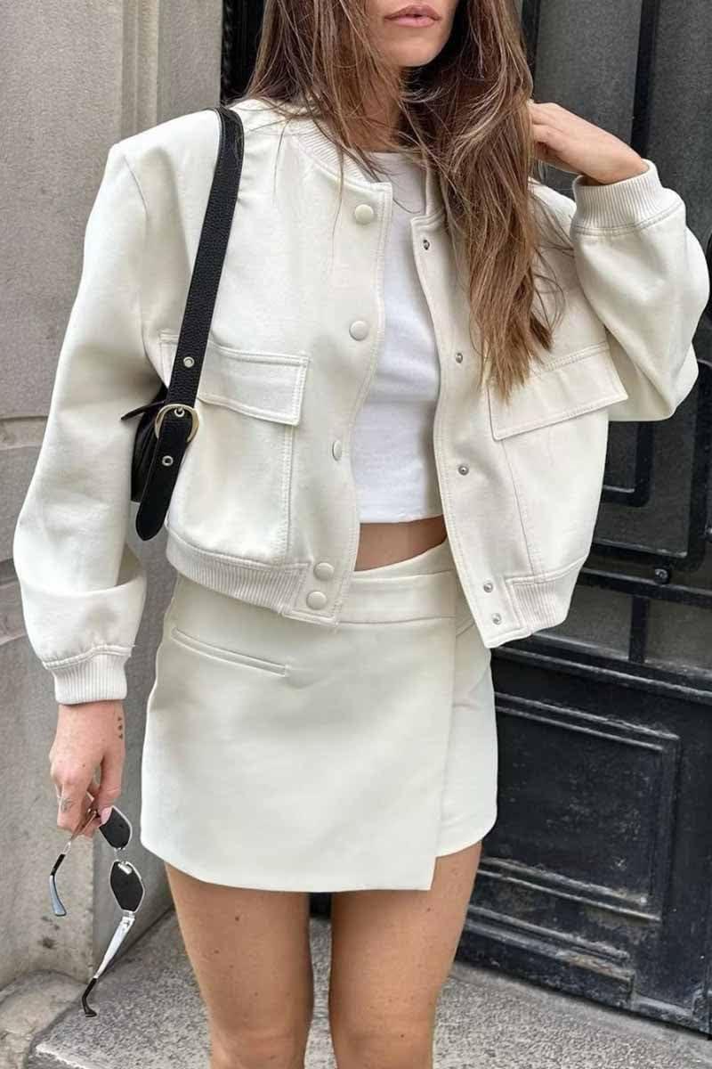 imageZeagoo Women Bomber Jacket Casual Button Down Varsity Jackets Shackets With Pockets OutwearWhite