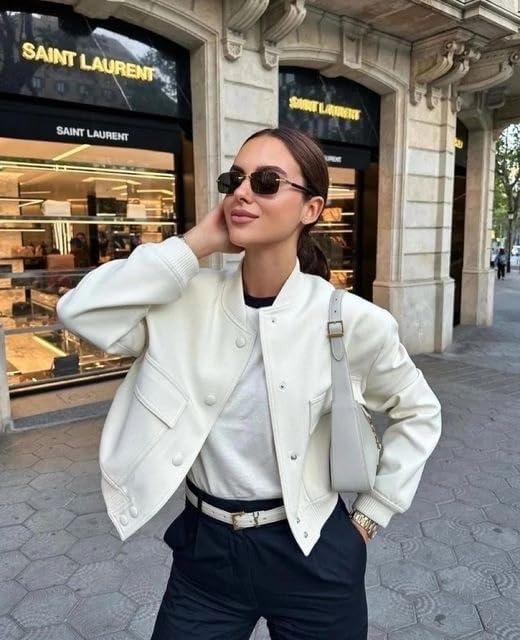 imageZeagoo Women Bomber Jacket Casual Button Down Varsity Jackets Shackets With Pockets OutwearWhite