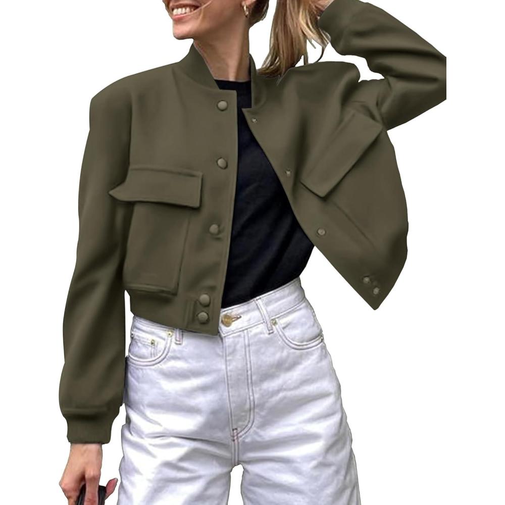 imageZeagoo Women Bomber Jacket Casual Button Down Varsity Jackets Shackets With Pockets OutwearArmy Green