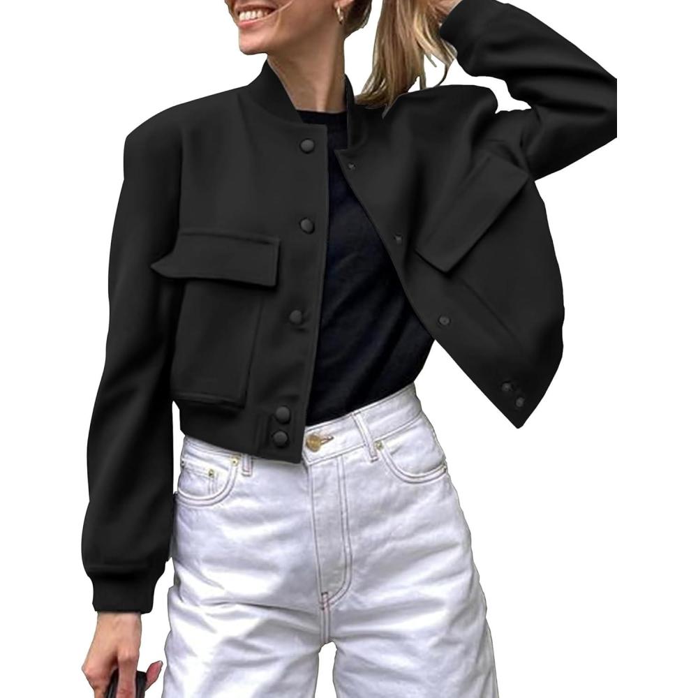 imageZeagoo Women Bomber Jacket Casual Button Down Varsity Jackets Shackets With Pockets OutwearBlack