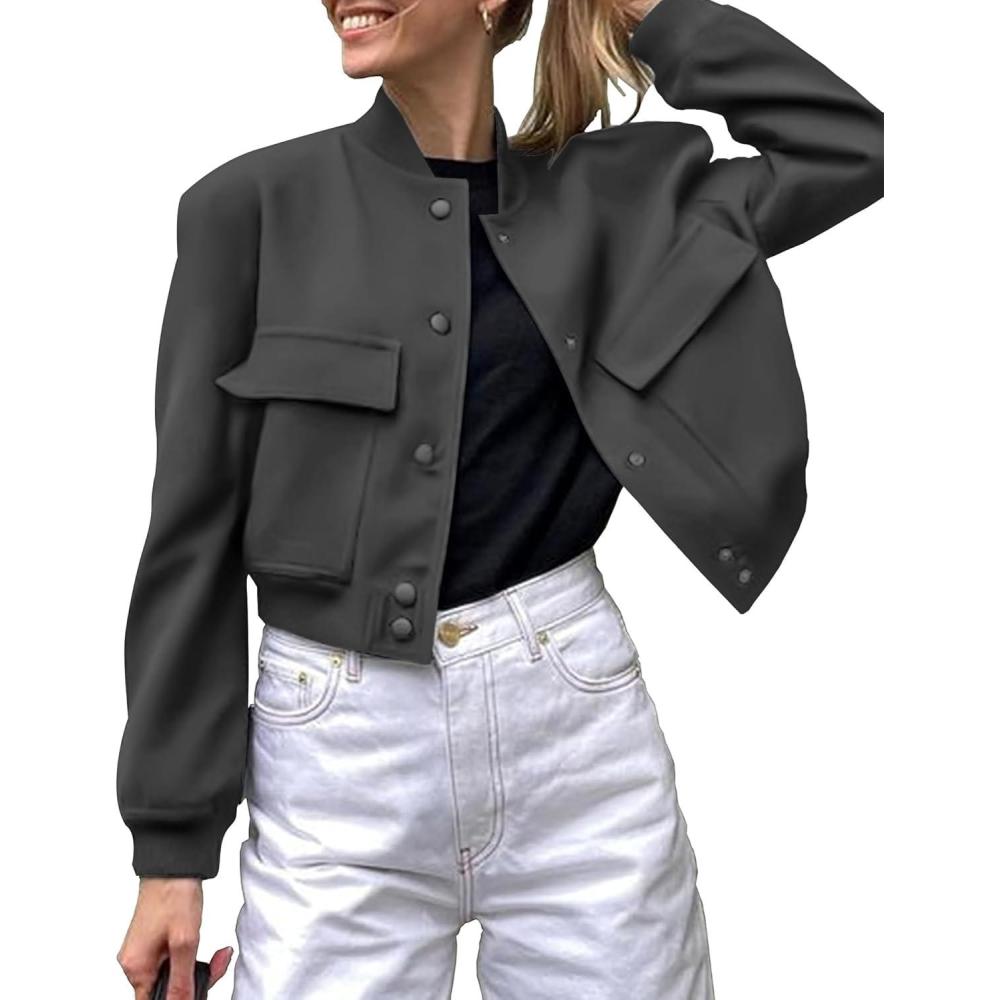 imageZeagoo Women Bomber Jacket Casual Button Down Varsity Jackets Shackets With Pockets OutwearDark Grey