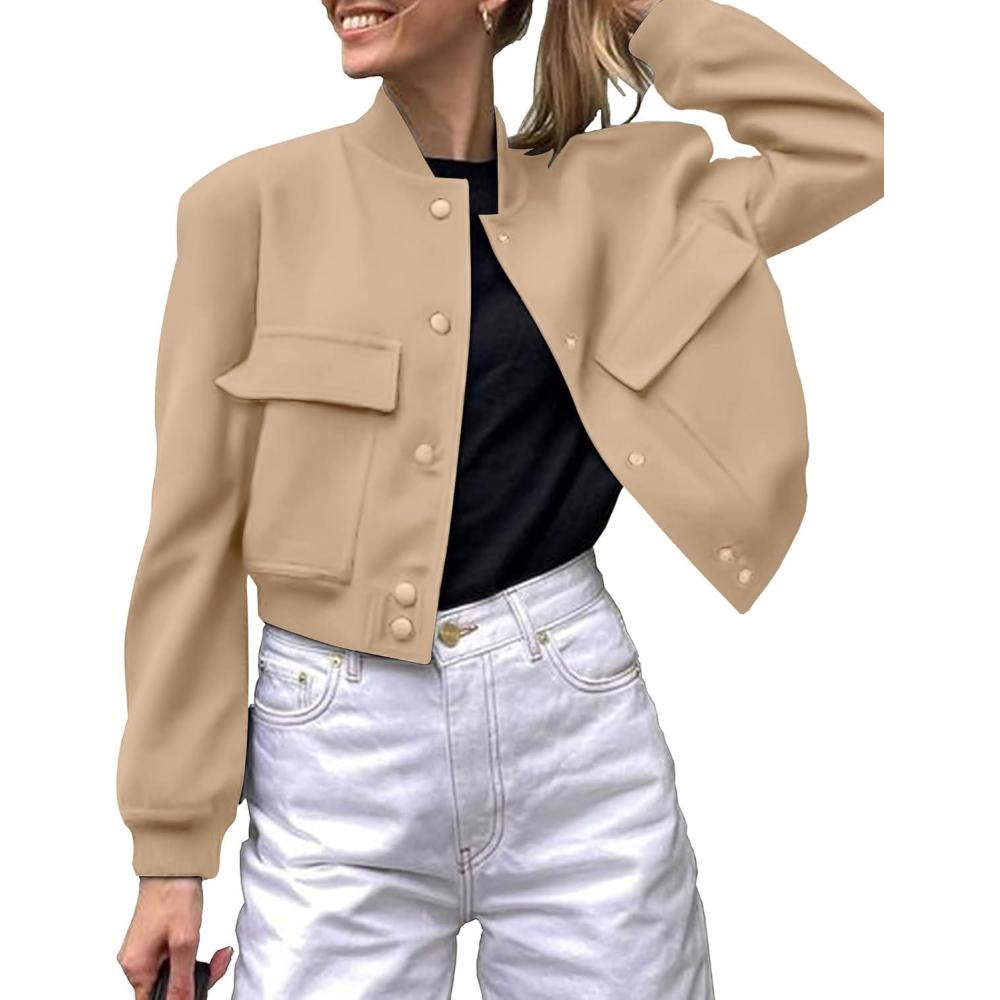 imageZeagoo Women Bomber Jacket Casual Button Down Varsity Jackets Shackets With Pockets OutwearKhaki