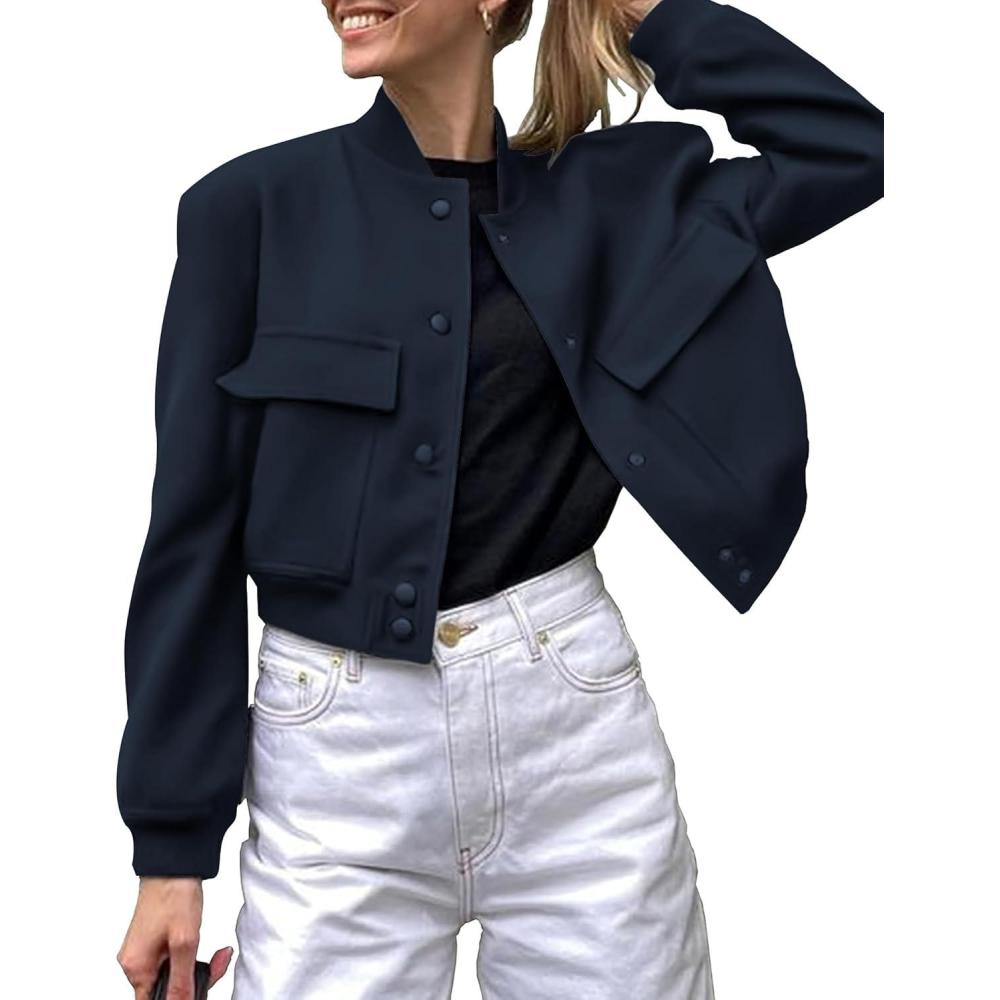 imageZeagoo Women Bomber Jacket Casual Button Down Varsity Jackets Shackets With Pockets OutwearNavy Blue