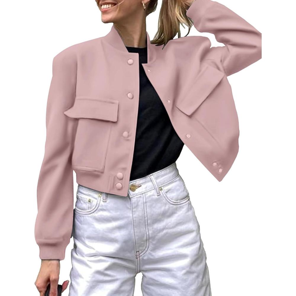 imageZeagoo Women Bomber Jacket Casual Button Down Varsity Jackets Shackets With Pockets OutwearPink
