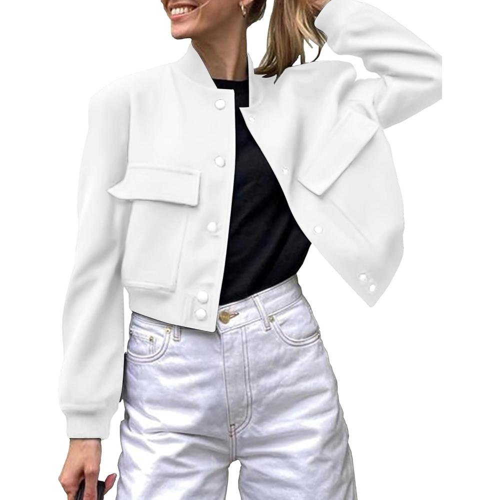 imageZeagoo Women Bomber Jacket Casual Button Down Varsity Jackets Shackets With Pockets OutwearWhite