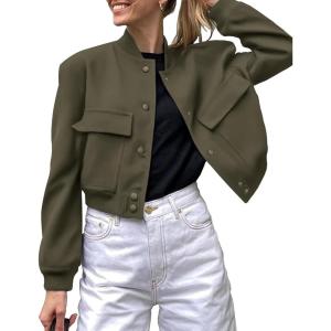 Zeagoo Women Bomber Jacket Casual Button Down Varsity Jackets Shackets With Pockets Outwear(Army Green)