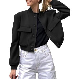 Zeagoo Women Bomber Jacket Casual Button Down Varsity Jackets Shackets With Pockets Outwear(Black)
