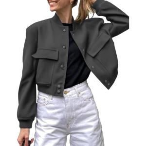 Zeagoo Women Bomber Jacket Casual Button Down Varsity Jackets Shackets With Pockets Outwear(Dark Grey)