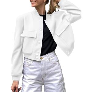 Zeagoo Women Bomber Jacket Casual Button Down Varsity Jackets Shackets With Pockets Outwear(White)