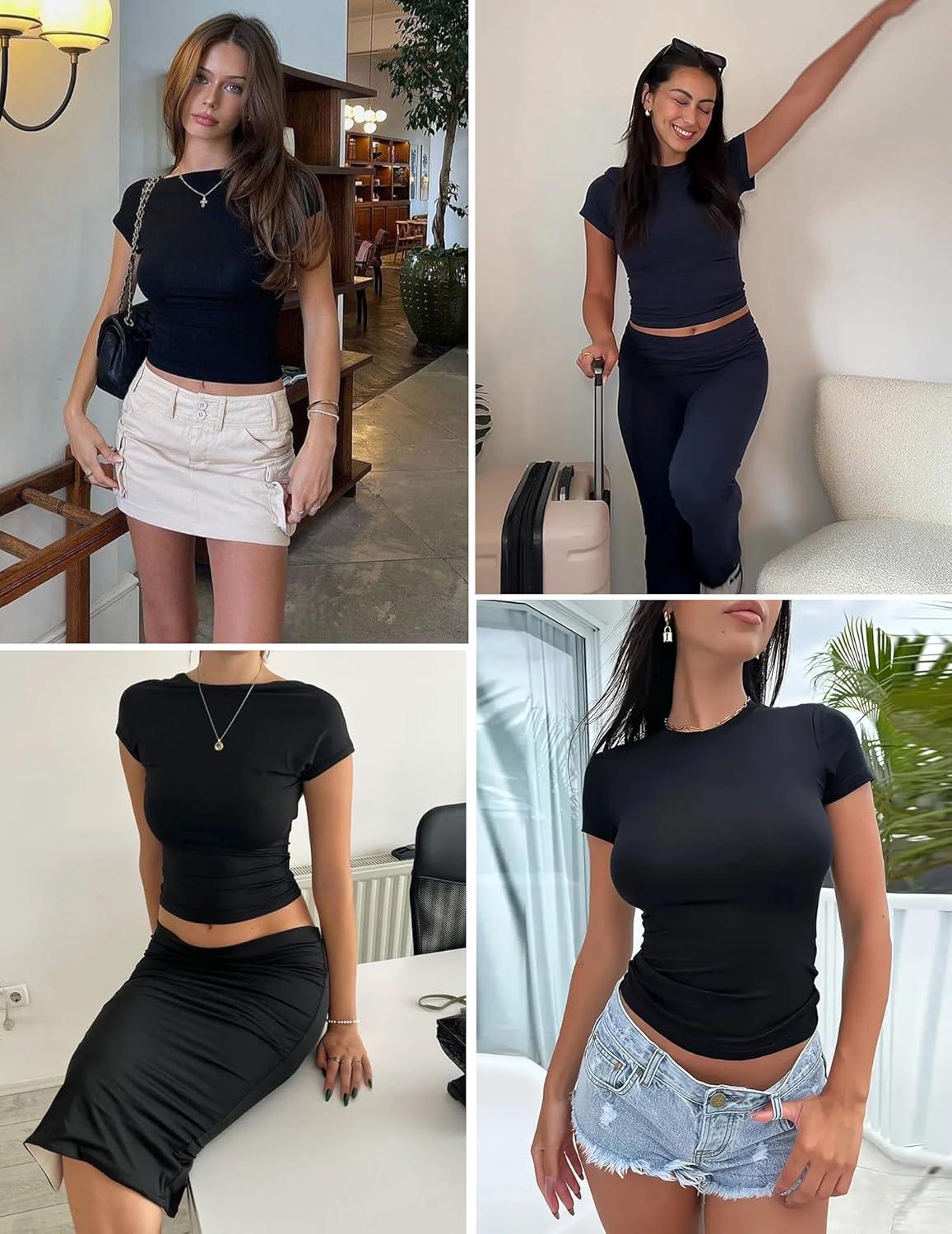 imageZeagoo Women Crewneck Slim Fitted Short Sleeve T Shirts Cute Stretchy Bodycon Basic Tee TopsAblack