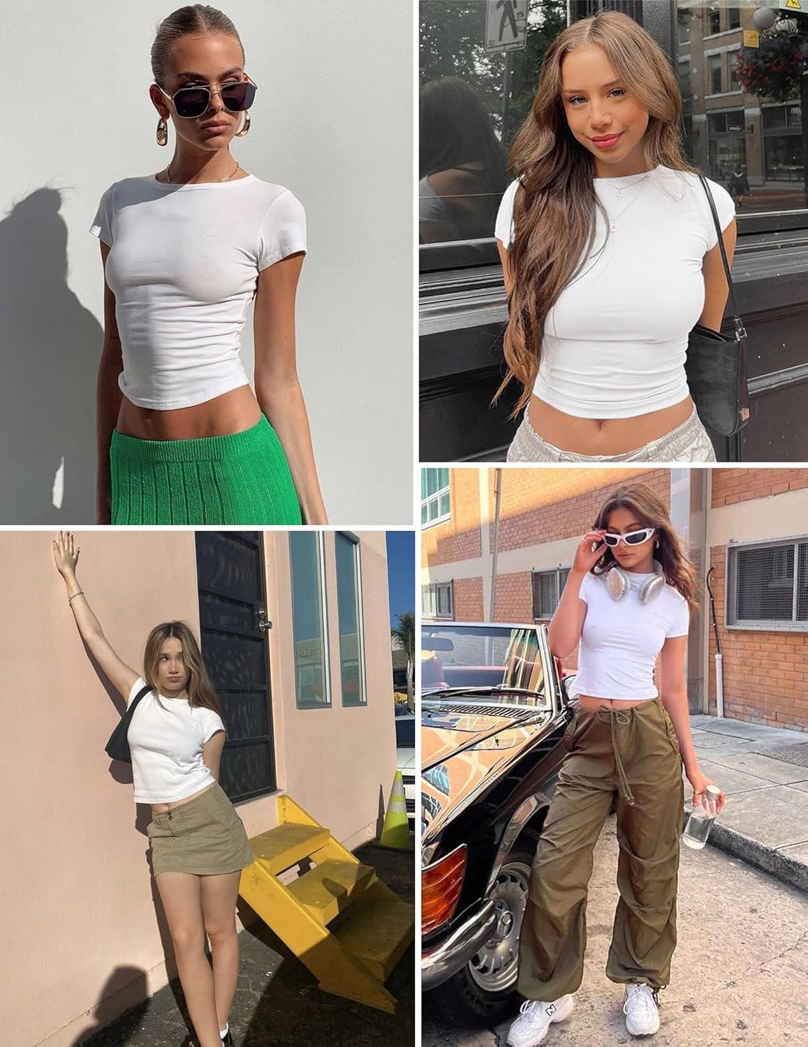 imageZeagoo Women Crewneck Slim Fitted Short Sleeve T Shirts Cute Stretchy Bodycon Basic Tee TopsAwhite