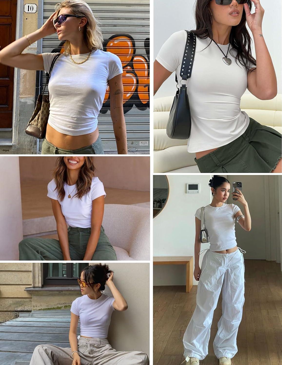 imageZeagoo Women Crewneck Slim Fitted Short Sleeve T Shirts Cute Stretchy Bodycon Basic Tee TopsAwhite