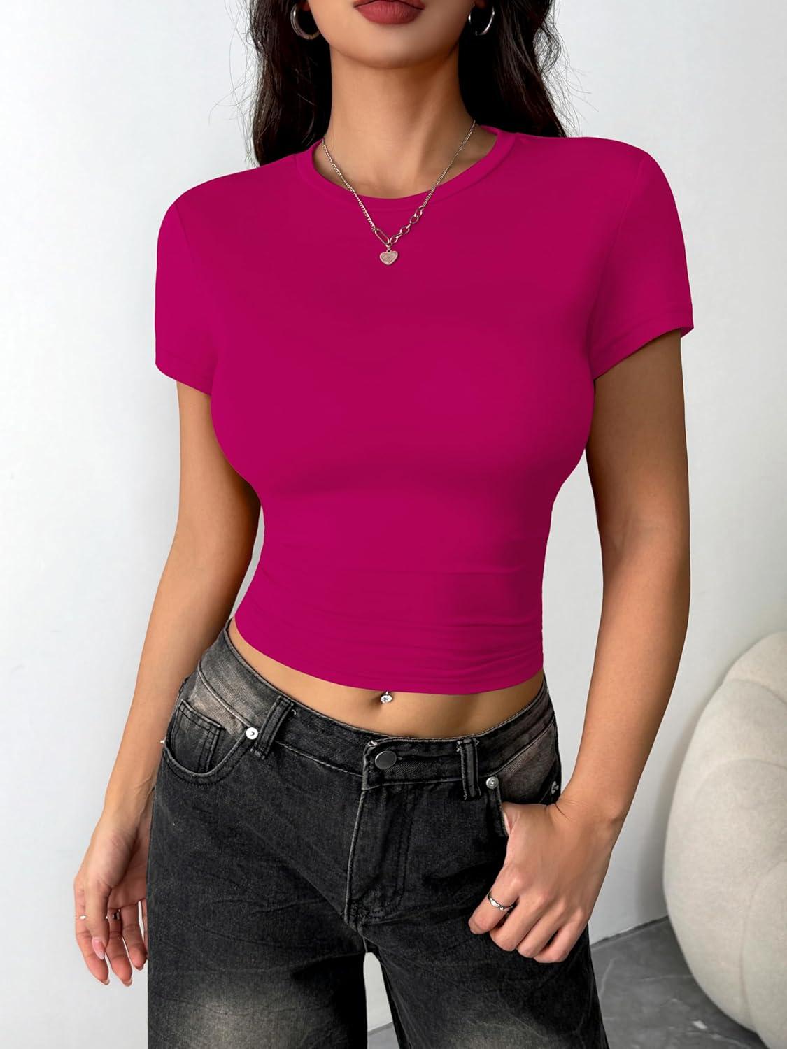 imageZeagoo Women Crewneck Slim Fitted Short Sleeve T Shirts Cute Stretchy Bodycon Basic Tee TopsHot Pink
