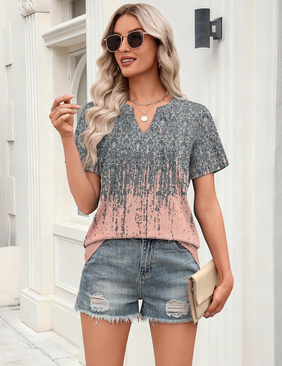 imageZeagoo Womens Tops Short Sleeve V Neck Tee Shirts Cute Dressy Casual Clothing Business Work BlouseGray Print