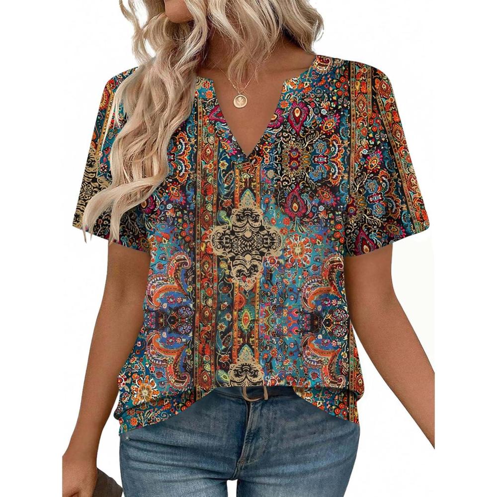 imageZeagoo Womens Tops Short Sleeve V Neck Tee Shirts Cute Dressy Casual Clothing Business Work BlouseBohemian Mz721