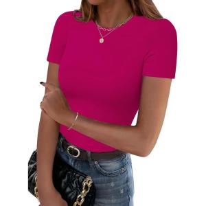 Zeagoo Women Crewneck Slim Fitted Short Sleeve T Shirts Cute Stretchy Bodycon Basic Tee Tops(Hot Pink)