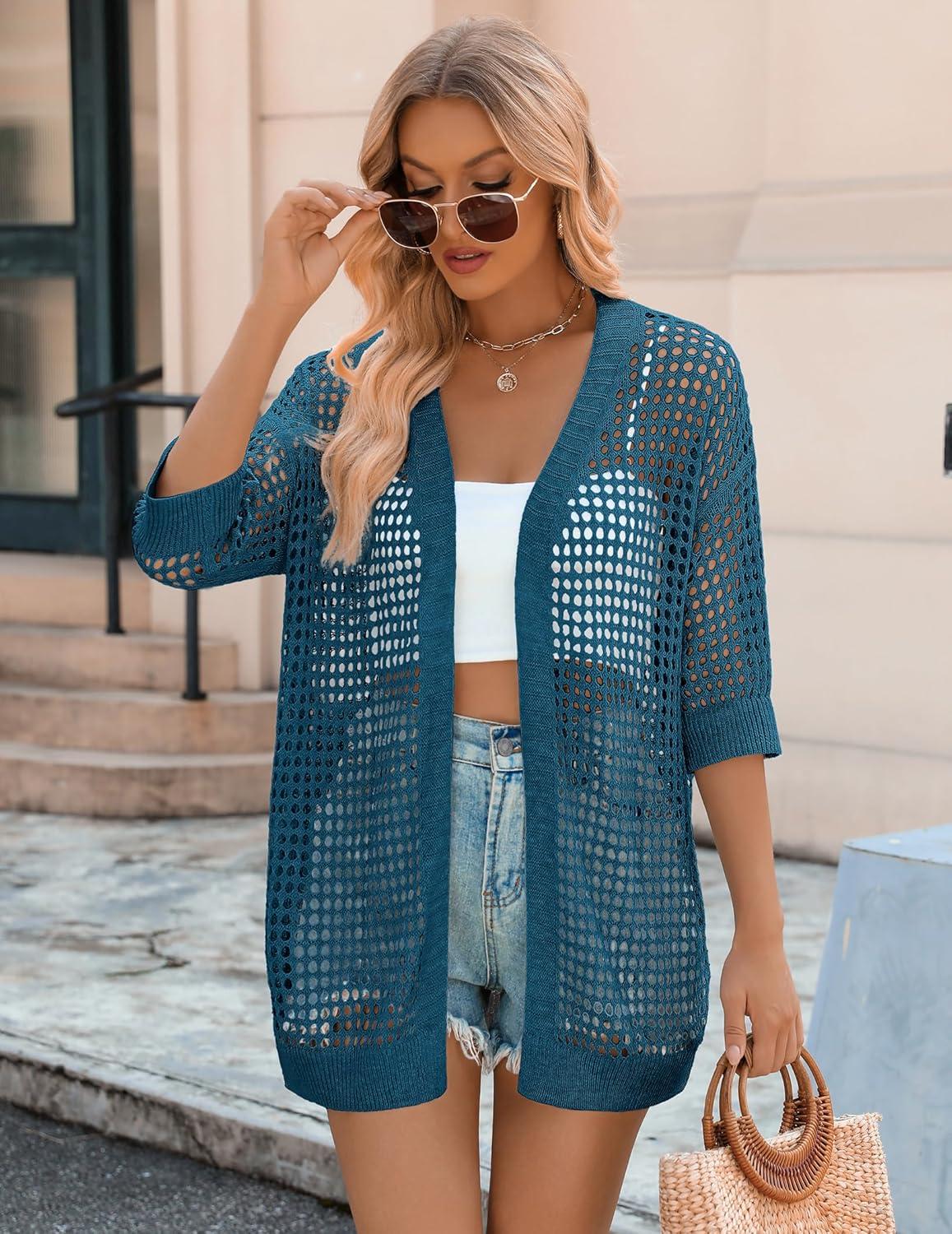 imageZeagoo Womens 2026 Summer Crochet Lightweight Cardigan Short Sleeve Boho Kimono Oversized Open Front Sweater Tops02 Lake Blue