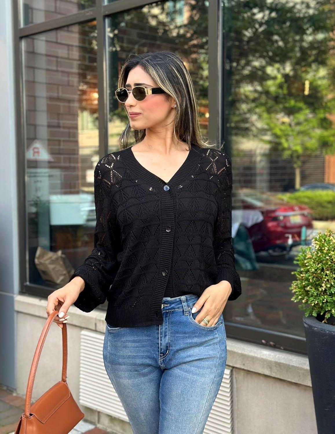imageZeagoo Womens Lightweight Crochet Cropped Cardigan 2026 V Neck Long Sleeve Button up Bolero Shrug SweaterBlack