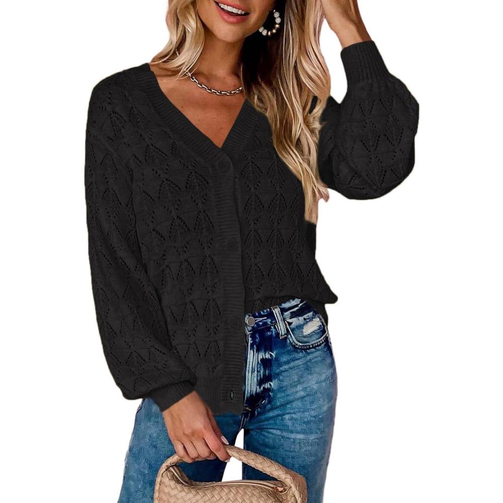 imageZeagoo Womens Lightweight Crochet Cropped Cardigan 2026 V Neck Long Sleeve Button up Bolero Shrug SweaterBlack