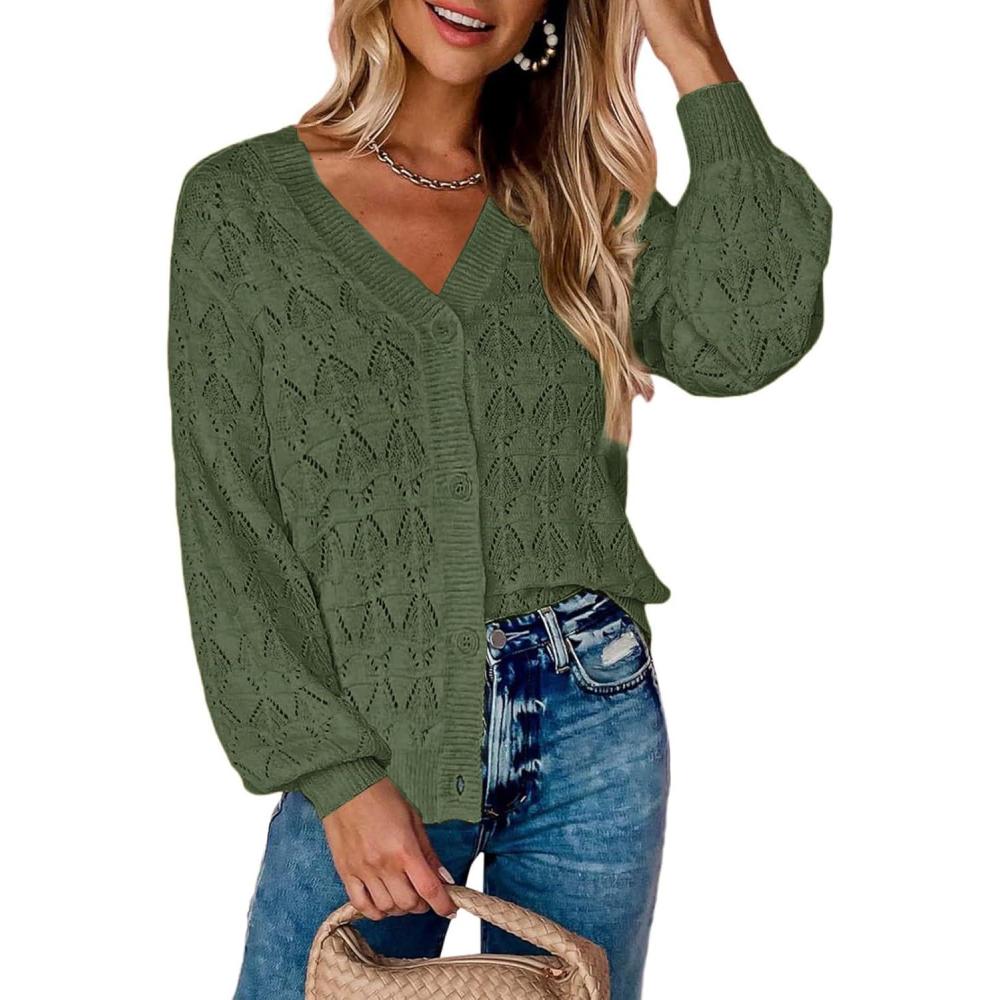 imageZeagoo Womens Lightweight Crochet Cropped Cardigan 2026 V Neck Long Sleeve Button up Bolero Shrug SweaterGreen