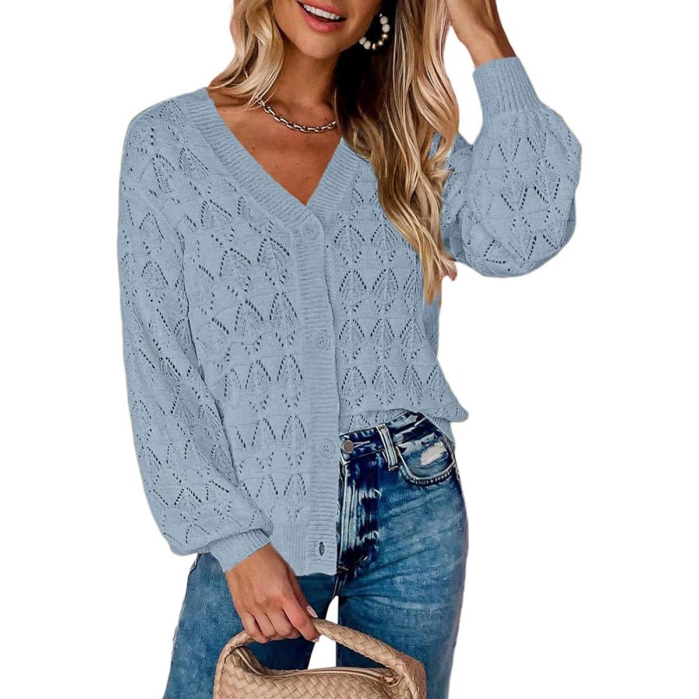 imageZeagoo Womens Lightweight Crochet Cropped Cardigan 2026 V Neck Long Sleeve Button up Bolero Shrug SweaterLight Blue