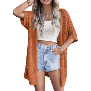 Zeagoo Lightweight Summer Crochet Cardigan for Women Short Sleeve Kimono Boho Oversized Open Front Knitted Cardigan(Caramel)